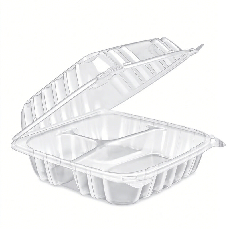 Hinged deli container three compartment base showing ribbed sidewalls and divided sections