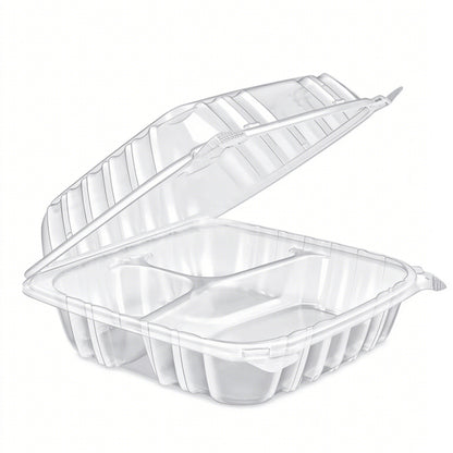 Hinged deli container three compartment base showing ribbed sidewalls and divided sections