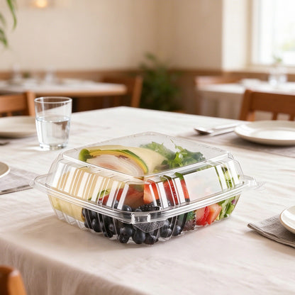 Hinged deli container closed clamshell showing perimeter seal and domed cover