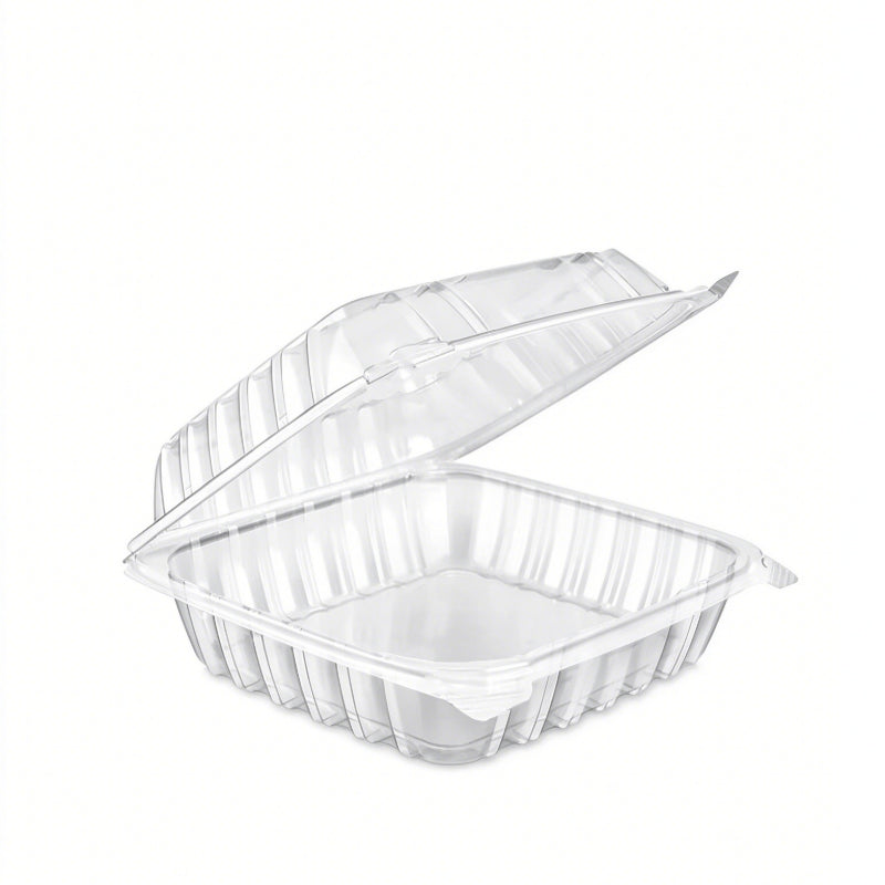 Hinged deli container single compartment clamshell showing square footprint and hinged lid
