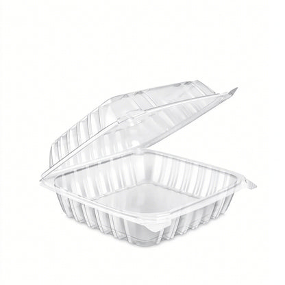 Hinged deli container single compartment clamshell showing square footprint and hinged lid