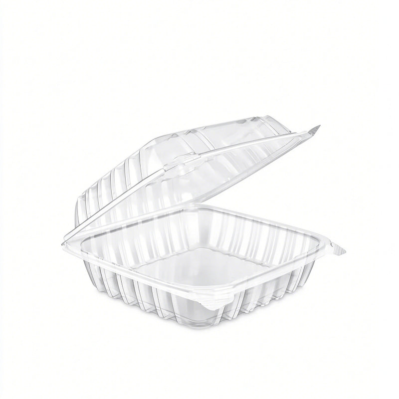Hinged deli container compact square clamshell open view showing one compartment