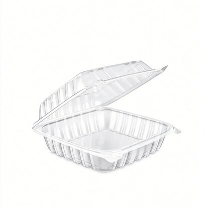 Hinged deli container compact square clamshell open view showing one compartment