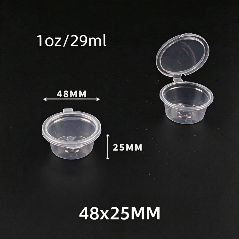 Hinged portion cup 1oz capacity showing open and closed units with dimension callouts