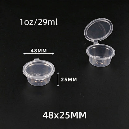 Hinged portion cup 1oz capacity showing open and closed units with dimension callouts