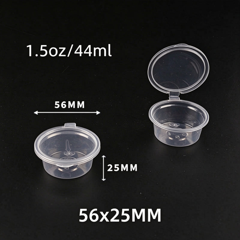 Hinged portion cup 1.5oz capacity showing open and closed units with dimension callouts