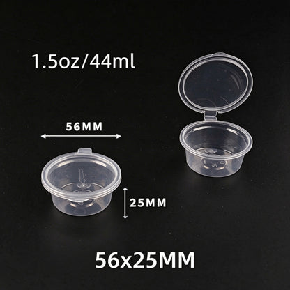 Hinged portion cup 1.5oz capacity showing open and closed units with dimension callouts