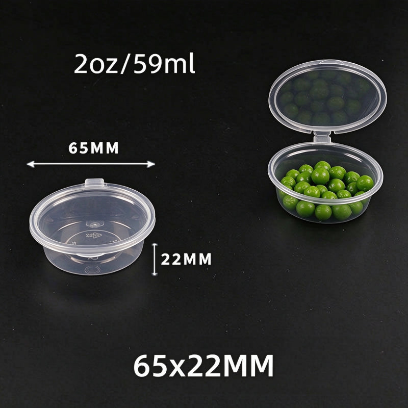 Hinged portion cup 2oz capacity showing open and closed units with dimension callouts