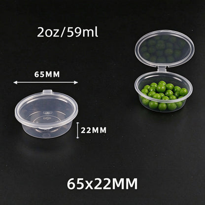 Hinged portion cup 2oz capacity showing open and closed units with dimension callouts