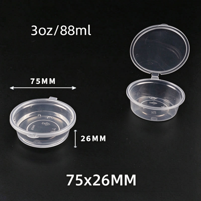 Hinged portion cup 3oz capacity showing open and closed units with dimension callouts