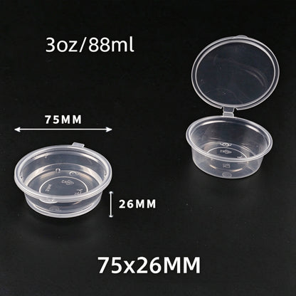 Hinged portion cup 3oz capacity showing open and closed units with dimension callouts