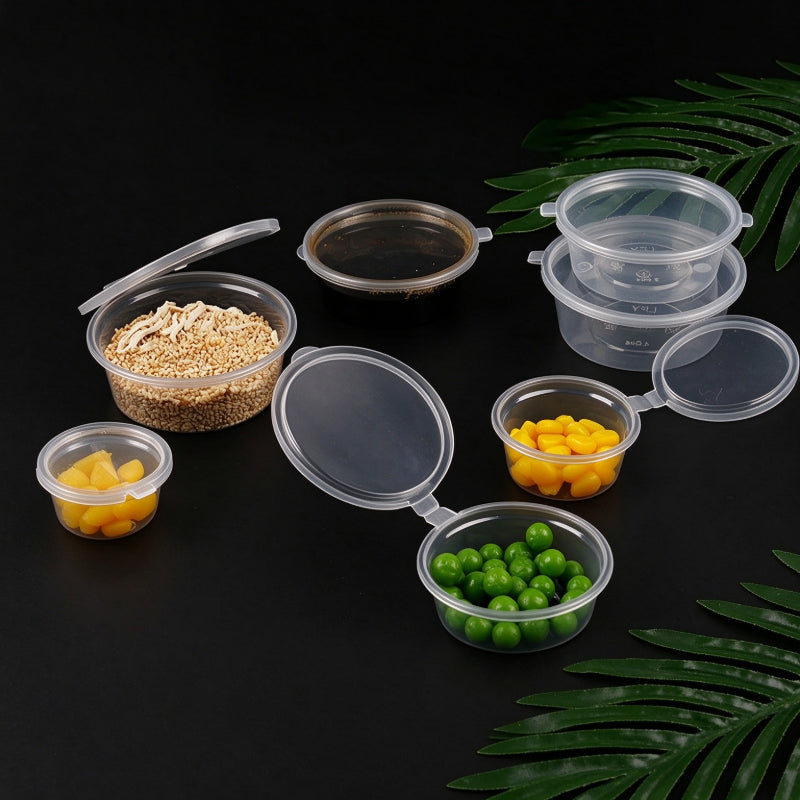 Hinged portion cup multiple units showing open hinged lids and round bases