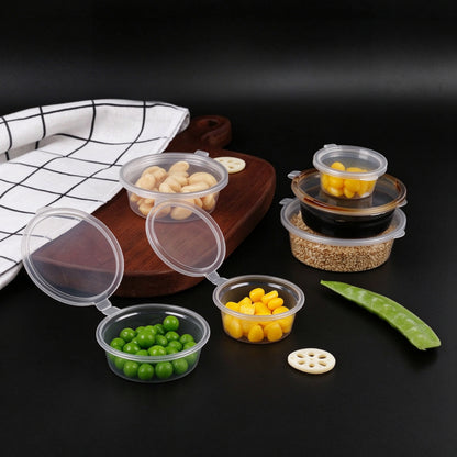 Hinged portion cup assorted sizes shown open and closed for capacity comparison