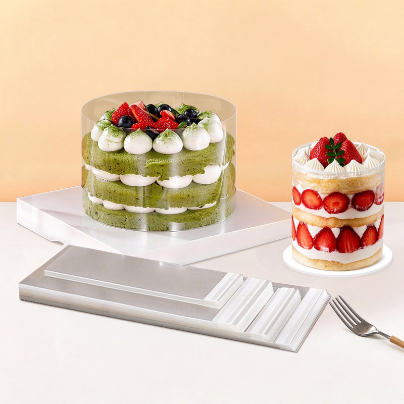 Clear PET cake collar - Multi-layer fruit mousse cakes with flat strip packaging