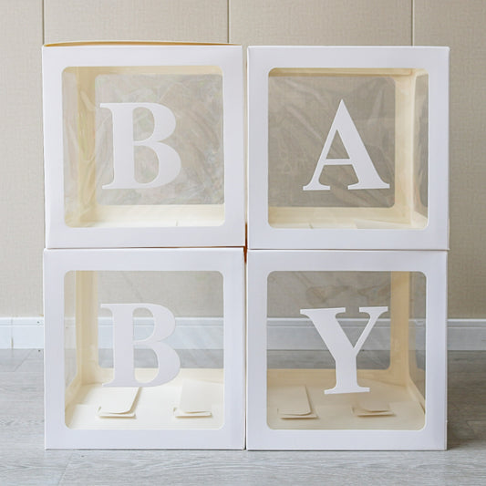Clear square balloon box white frame BABY letter set