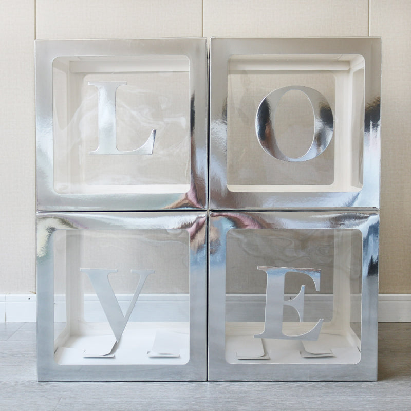 Clear square balloon box silver metallic LOVE letter set