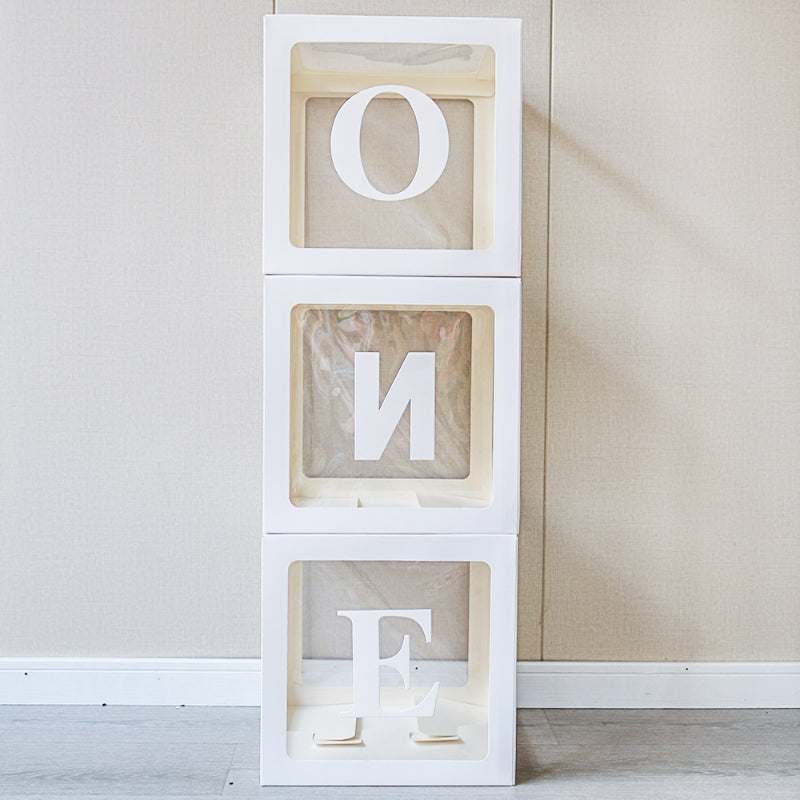 Clear square balloon box white frame ONE vertical stack