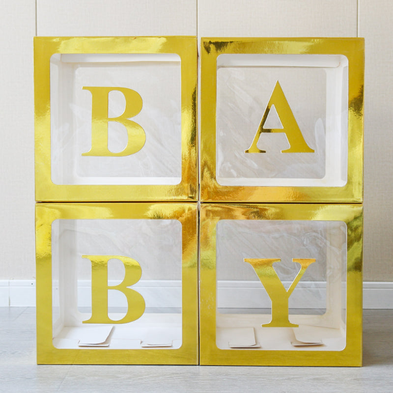 Clear square balloon box gold metallic BABY letter set