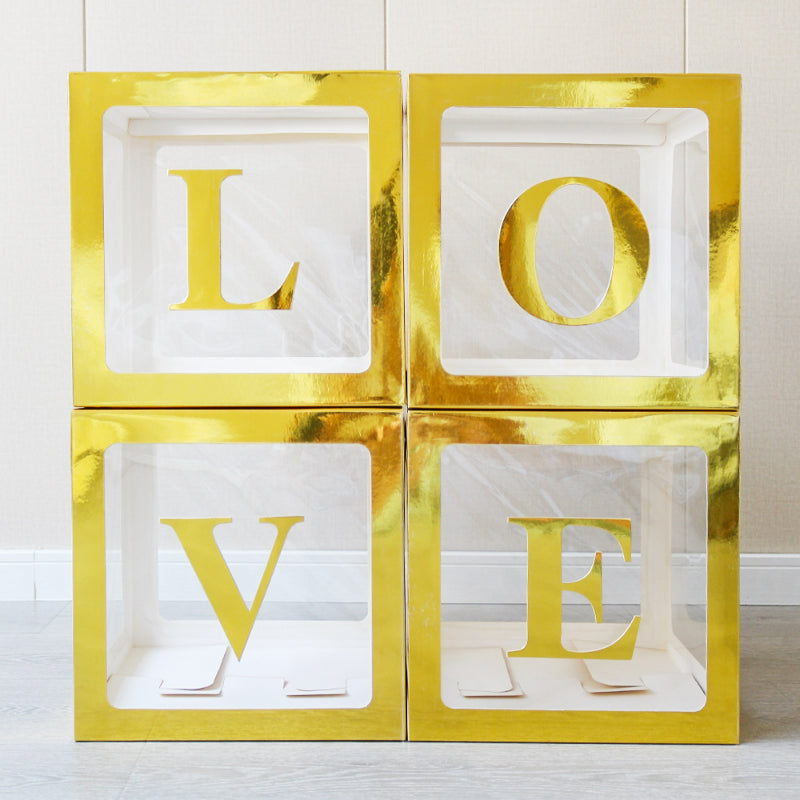 Clear square balloon box gold metallic LOVE letter set