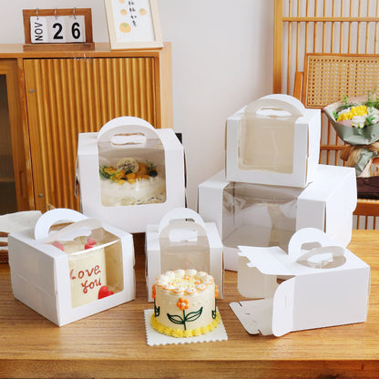 Wholesale clear window cake packaging boxes with handle - Assorted white cake box sizes tabletop display