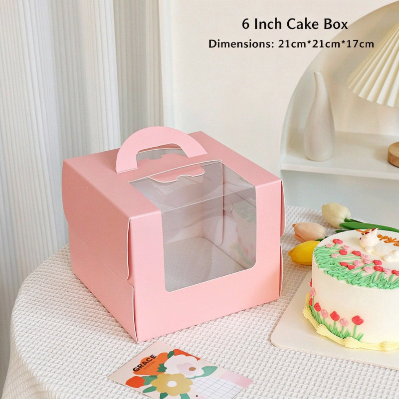 Wholesale clear window cake packaging boxes with handle - 6-inch pink standard cardboard 21x21x17cm
