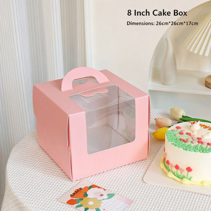 Wholesale clear window cake packaging boxes with handle - 8-inch pink standard cardboard 26x26x17cm