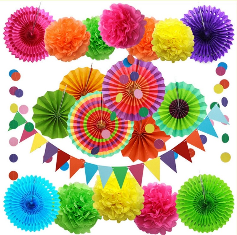 Folding Paper Fan & Triangle Bunting Set – Easter Halloween Party Supplies, Wedding Window Decor, Birthday Banner & Hanging Fans
