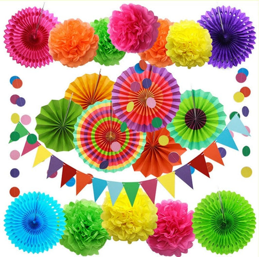 Folding Paper Fan & Triangle Bunting Set – Easter Halloween Party Supplies, Wedding Window Decor, Birthday Banner & Hanging Fans
