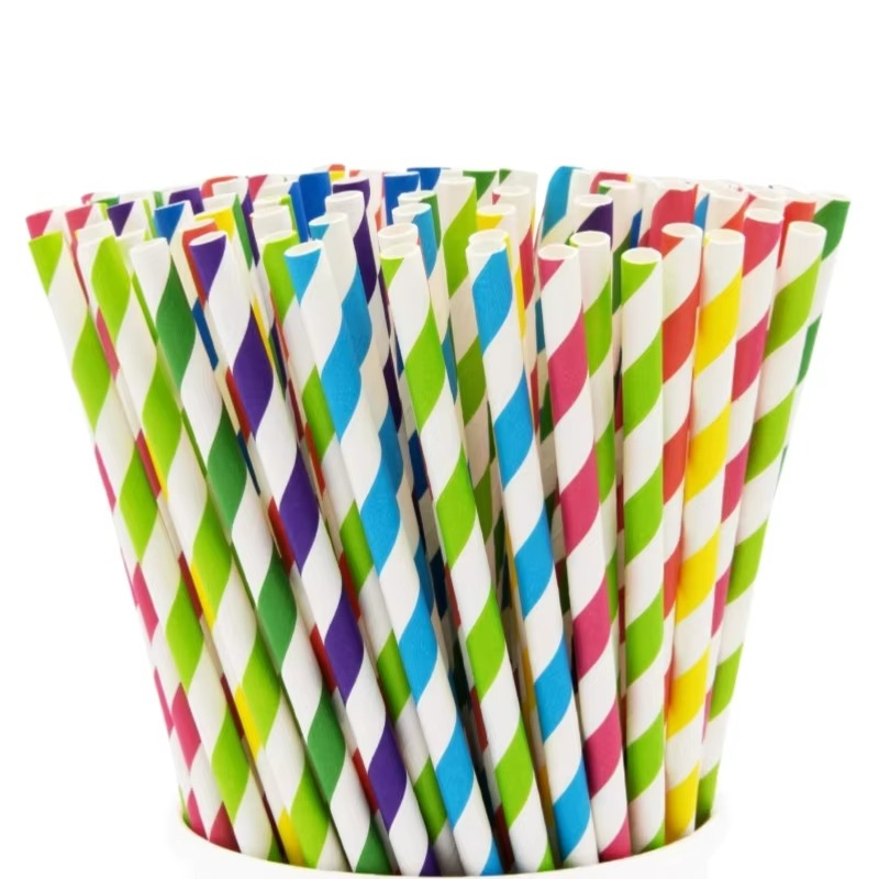 Colored Stripe Paper Straws 197*6mm - Biodegradable, Thickened for Bubble Tea & Coffee
