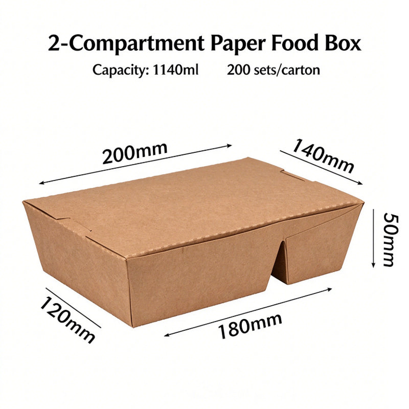 Kraft meal box two compartment closed view with printed dimension callouts