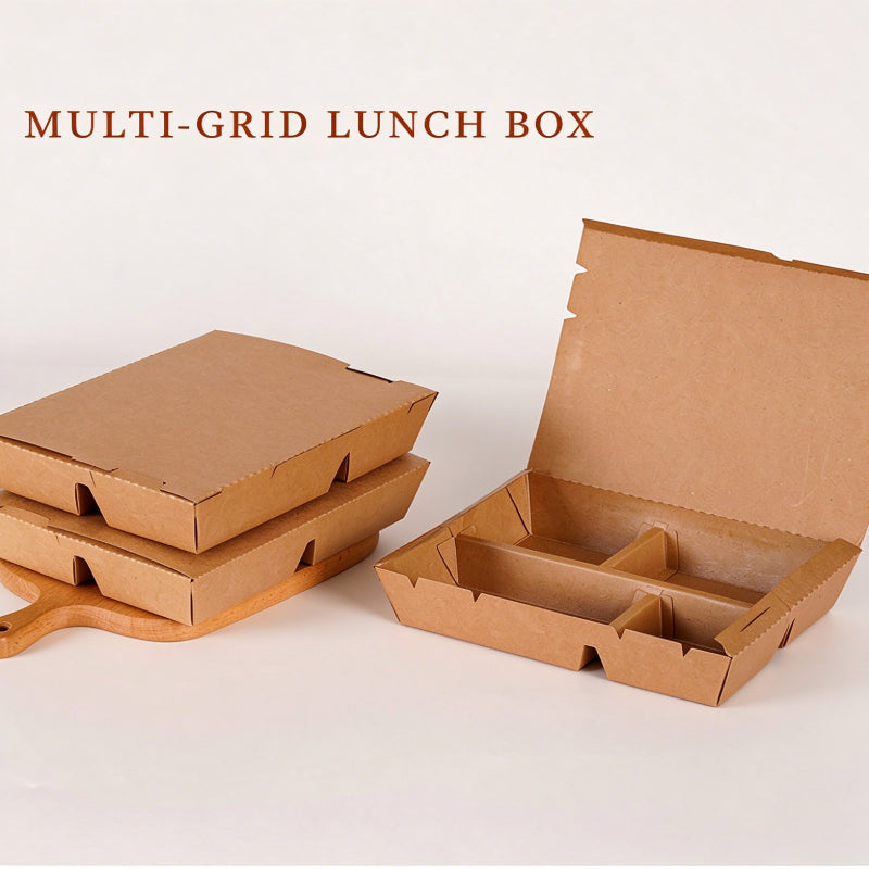 Kraft meal box stacked closed units beside open box showing divided compartments