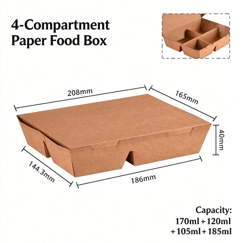 Kraft meal box four compartment closed view with dimension callouts and open inset