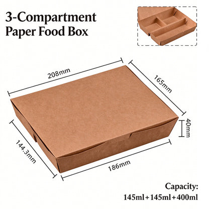 Kraft meal box three compartment closed view with dimension callouts and open inset