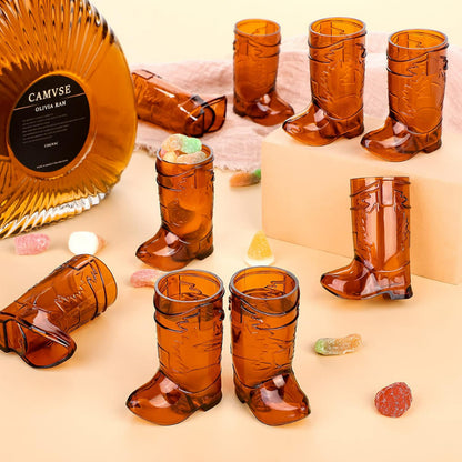 Cowboy boot plastic shot glasses amber party table setting