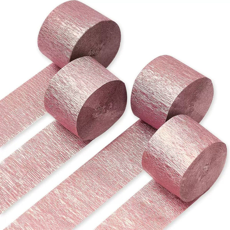 Crepe paper streamer rose gold metallic rolls four-pack display