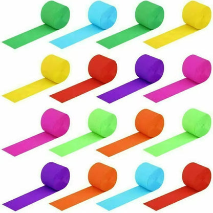 Crepe paper streamer assorted colorful rolls flat lay arrangement