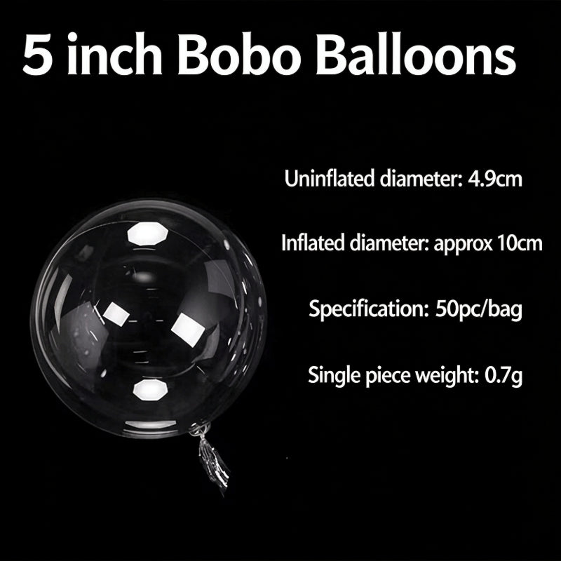 Clear bobo balloon 5-inch compact uninflated and inflated view