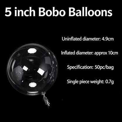 Clear bobo balloon 5-inch compact uninflated and inflated view