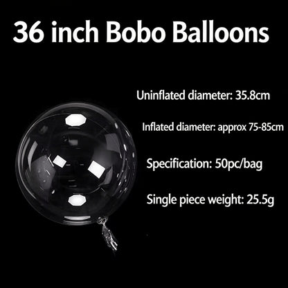 Clear bobo balloon 36-inch giant sphere with measurement details