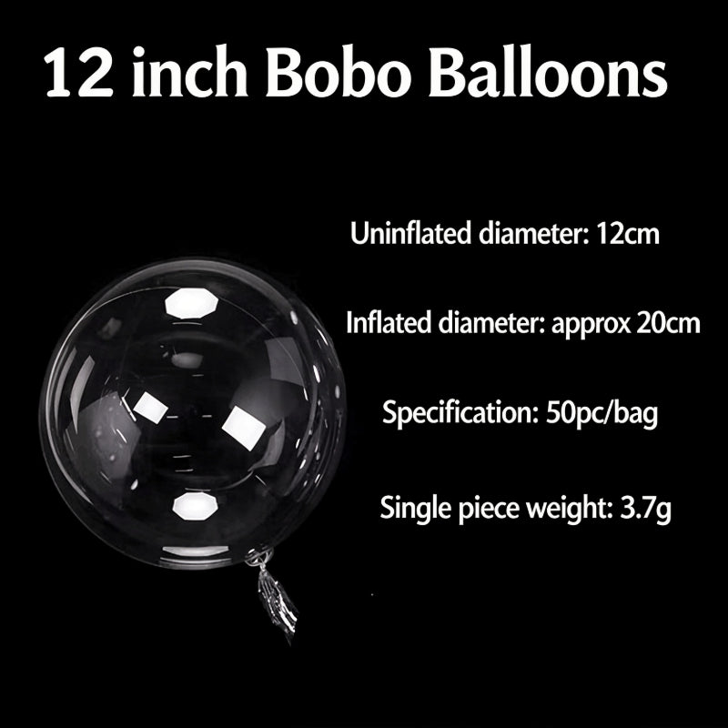 Clear bobo balloon 12-inch round bubble with inflation metrics