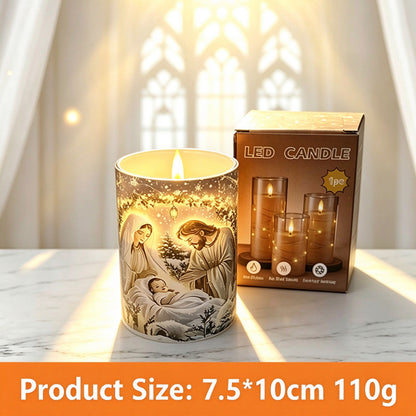 Printed LED candle church nativity scene 10cm with box