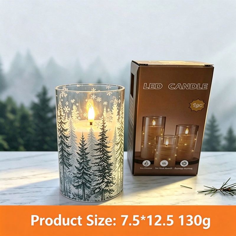Printed LED candle snowy pine forest 12.5cm with box