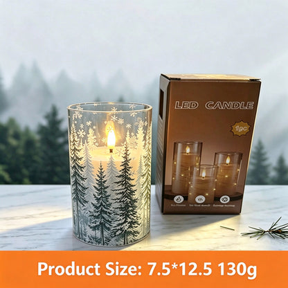 Printed LED candle snowy pine forest 12.5cm with box