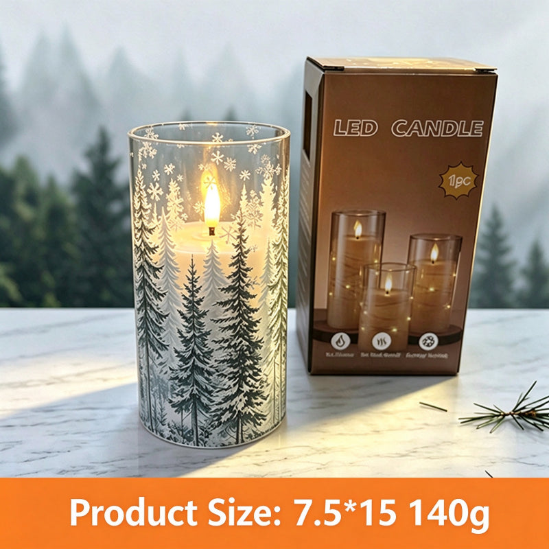 Printed LED candle snowy pine forest 15cm with box