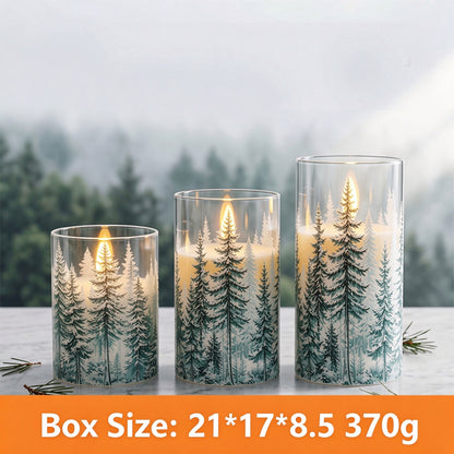 Printed LED candle snowy pine trees 3-piece set box