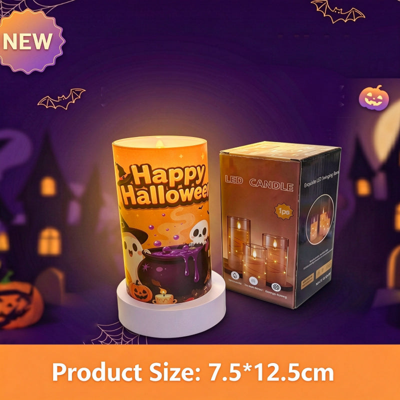 Printed LED candle Halloween pumpkin haunted house 12.5cm cylinder