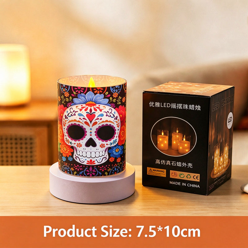 Printed LED candle floral sugar skull 10cm with box