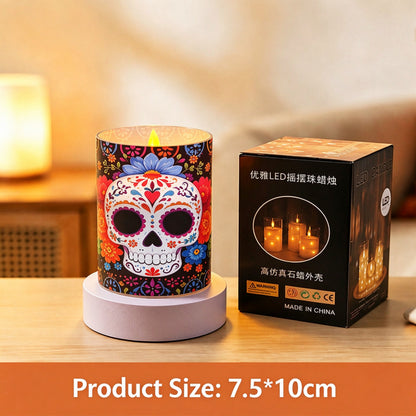 Printed LED candle floral sugar skull 10cm with box
