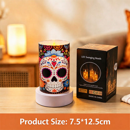 Printed LED candle floral sugar skull 12.5cm with box