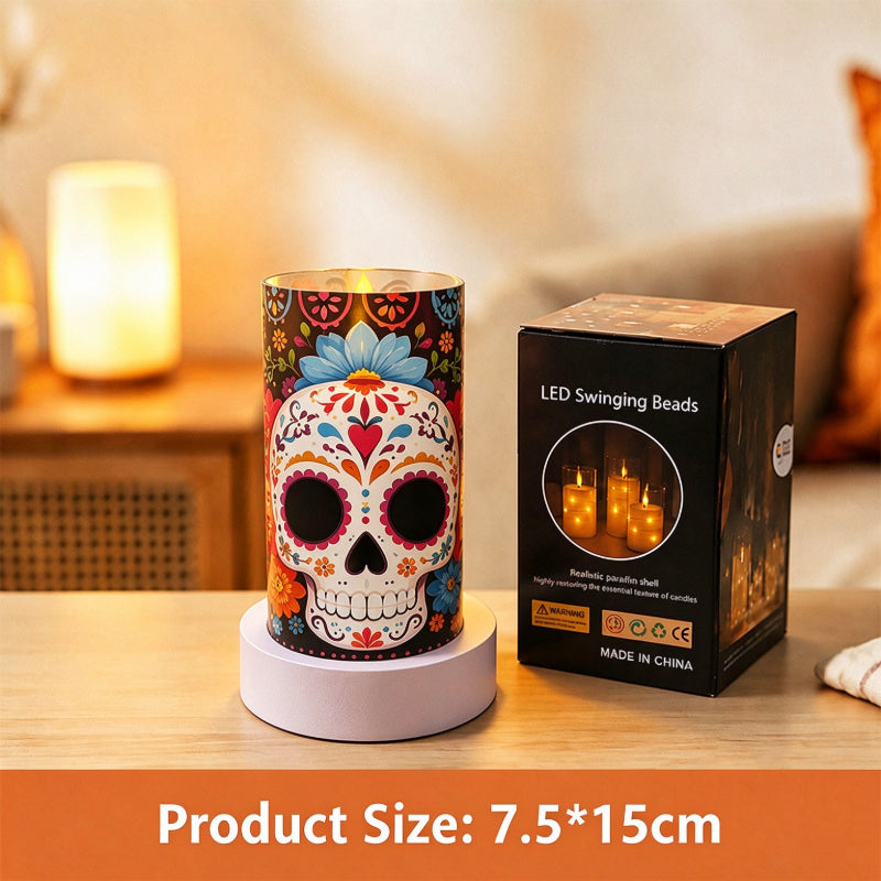Printed LED candle floral sugar skull 15cm with box